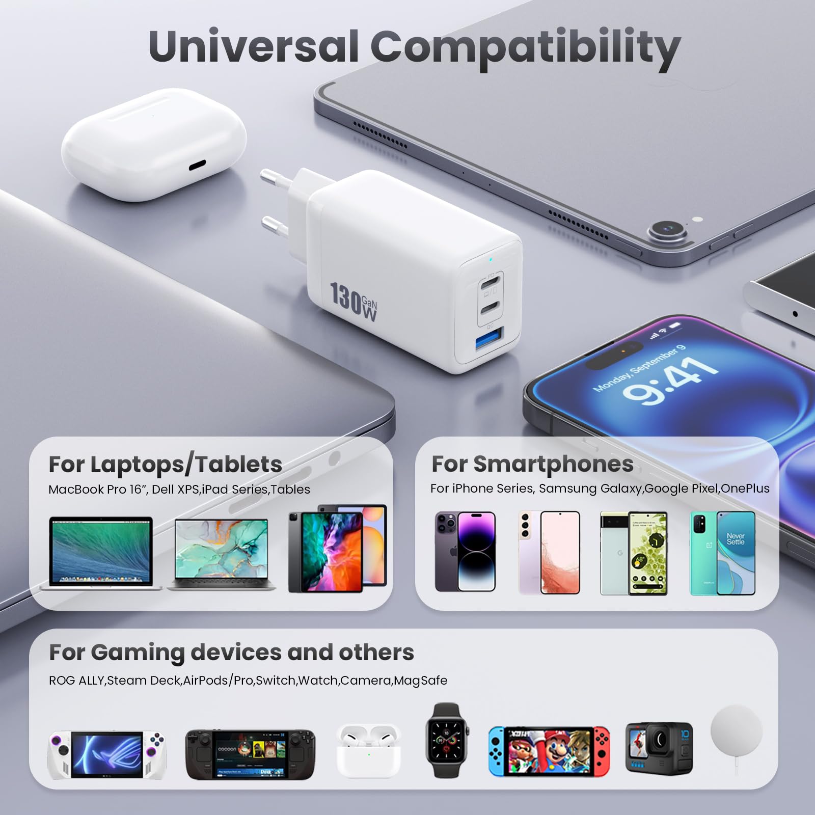 130W Caricatore USB C, 3 Porte GaN III Tech Alimentatore USB C, 65W PD+PPS Compatto Caricabatterie Ricarica Rapido Presa USB Compatibile con MacBook Pro/Air, iPad, iPhone 16/15, Galaxy S24 (Bianco)