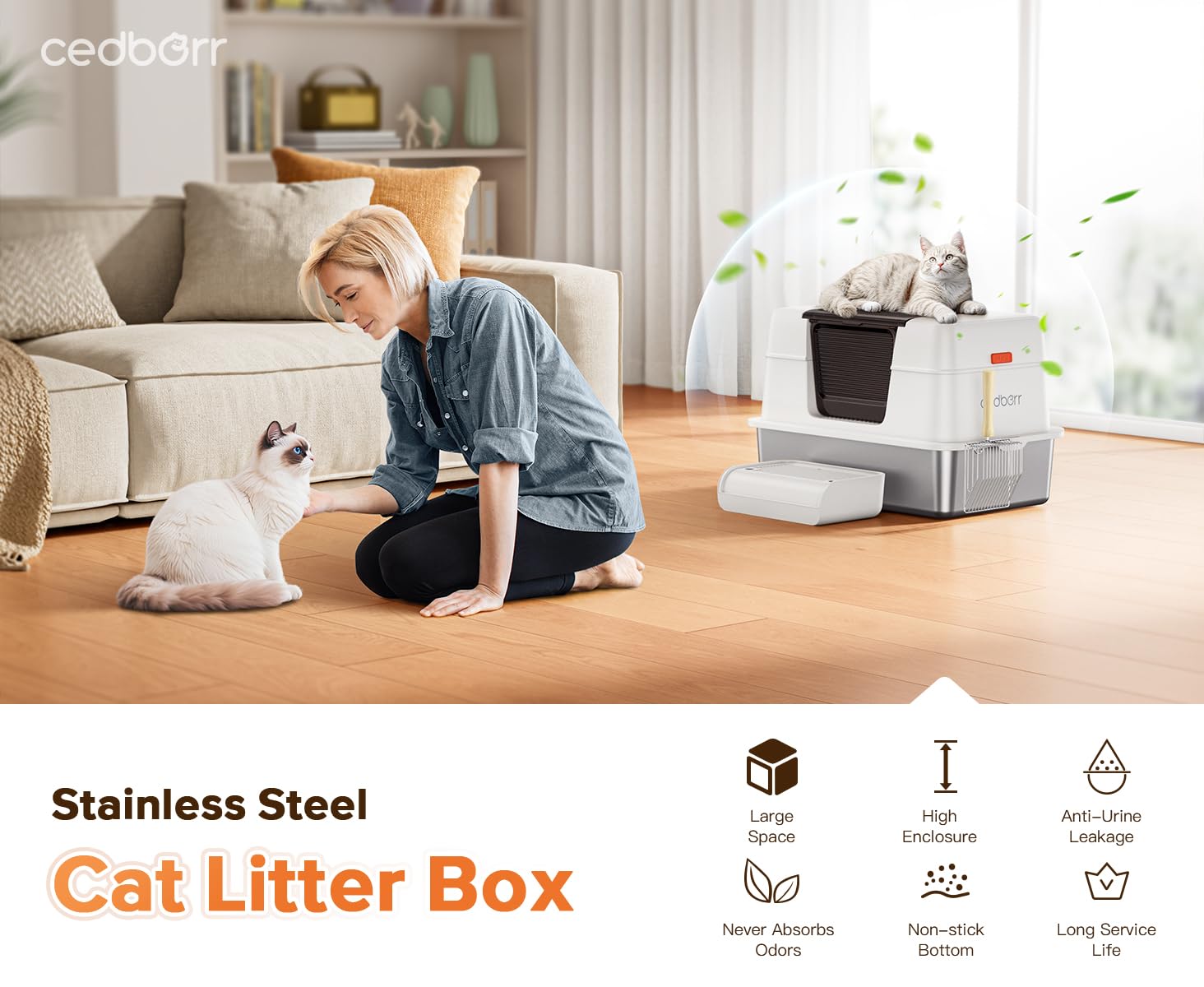 XL Premium Stainless Steel Enclosed Cat Litter Box with Lid, Extra Large Heavy-Duty Metal Litter Box for Big Cats & Multi-Cat Homes|Leak-Proof, Odor-Locking, Non-Stick Surface | Easy Clean (White) - image 8