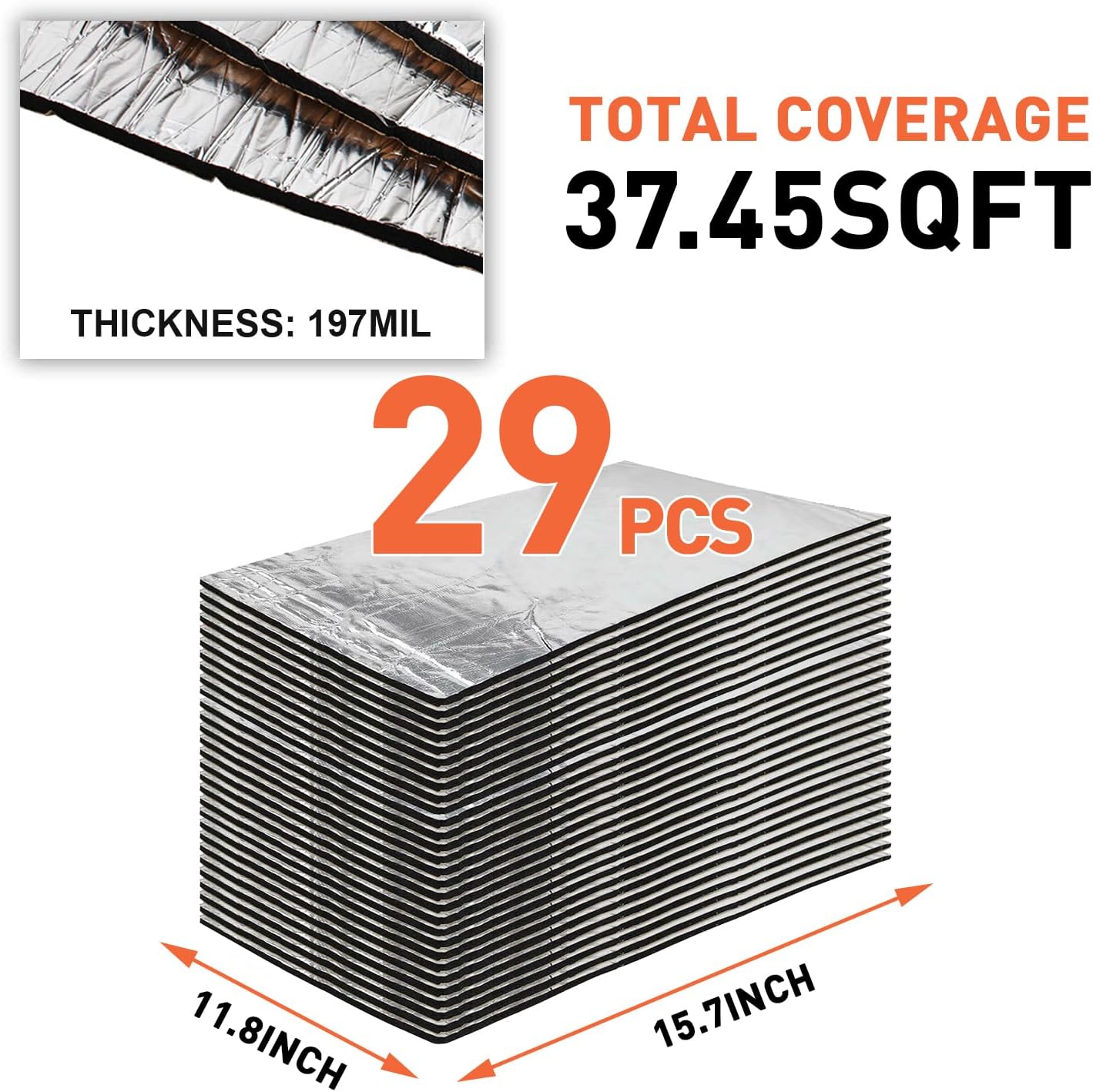 197 mil 37.45 sqft Car Sound Deadener Deadening Mat Audio Noise and Heat Shield Insulation Closed Cell Foam Dampening Material with Self Adhesive 29 PCS(15.7" × 11.8“)