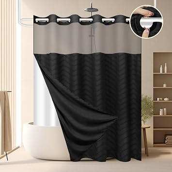 FADOTY No Hook Shower Curtain and Snap in Liner Set Black Tufted Chevron Striped Cloth Waterproof Washable Fabric Boho Farmhouse Bath Curtain See Through Mesh Top Window for Bathroom Hotel 71" x 86"