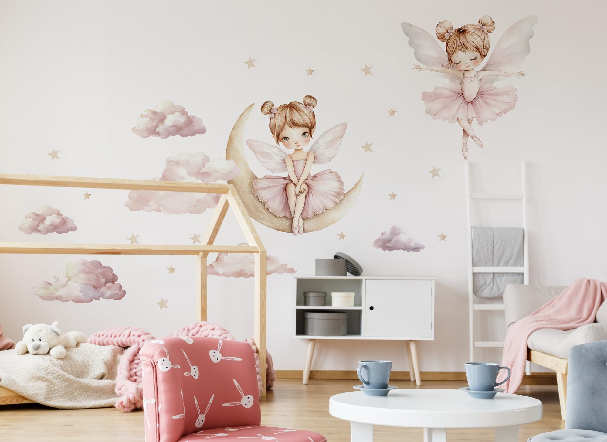Wandtattoo Ballerinas | Kinderbilder Kinderzimmer Mädchen Aufkleber Osomhom | Süße Ballerina auf dem Mond und den Wolken (Ballerinas, XL)