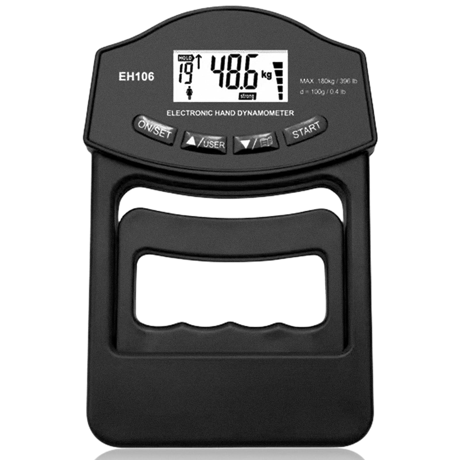 Medidor de fuerza digital manual, 396 lb/180 kg, color negro, dinamómetro de mano con cable de carga USB, gran pantalla LED
