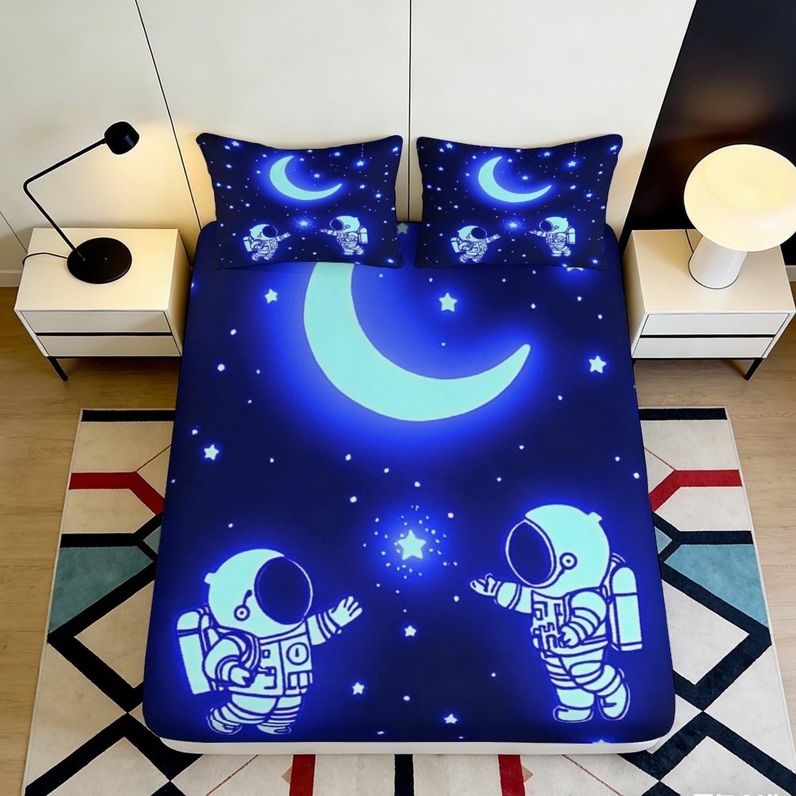 3D Printed Moon Astronaut Fitted Sheet Microfiber Soft Blue Starry Sky Bed Cover for Bedroom Dorm Decor 90x200x25cm