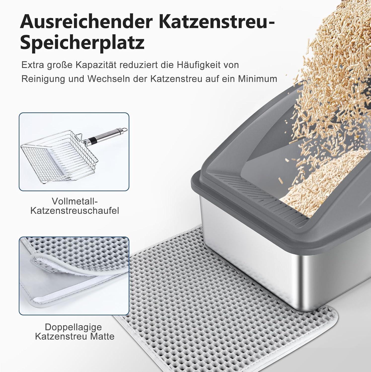 FURTIME XXL kuweta dla kota ze stali nierdzewnej, 30 l, duża szufelka dla kota ze stali nierdzewnej, matowa, podwójna warstwa, szczelna, XXL, 58 x 37 x 28,5 cm