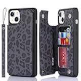 Cavor for iPhone 13 Case with Card Holder, for iPhone 13 Wallet Case for Women Men, Stand and Strap,Leopard Grain Shockproof Protective Phone Cover-Black