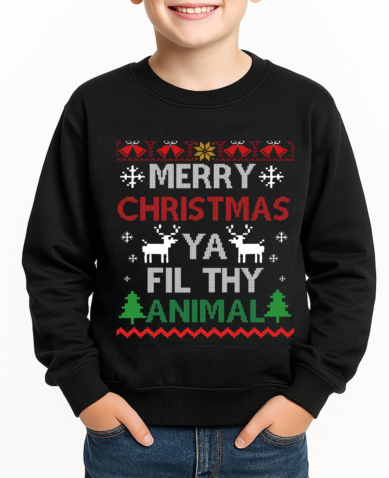 Glimnerize Christmas Kids Comfy Long Sleeve Sweatshirt Christmas Jumper Santa Claus Unisex Crew Neck Sweater Black-A5 3-4Y(110)