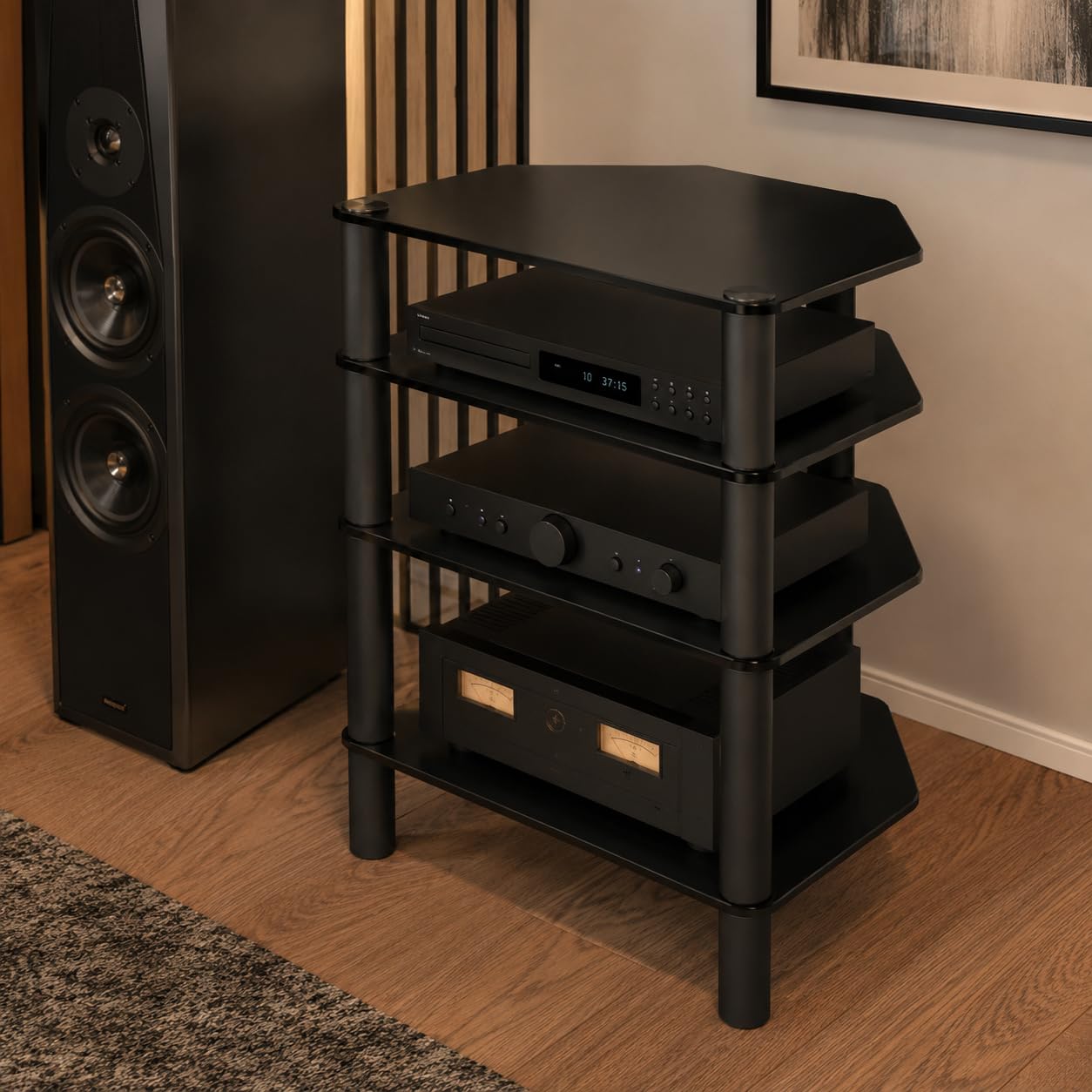 Sonorous RX-2140-BLK Mueble HiFi 4 Estantes Vidrio Templado Negro 86x60x50 cm Chasis Aluminio Negro Rack Audio Vídeo hasta 65 kg con Sistema Ocultacables