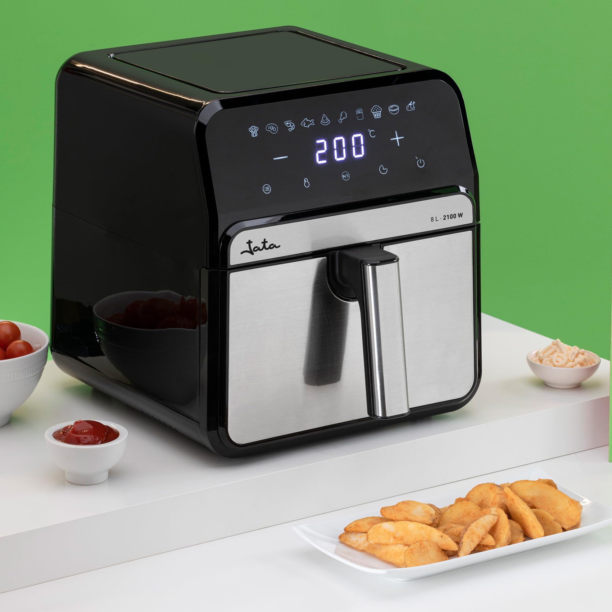 JATA JEFR1242 - Freidora de Aire sin Aceite de 8 L. Air Fryer 2100 W. 10 Programas Automáticos. Panel Táctil Intuitivo. Hasta 200ºC. Temporizador 60 minutos. Freír, Hornear, Asar, Deshidratar