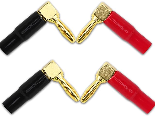 PNGKNYOCN 90 Degree Banana Plugs Right Angle 4mm Pure Copper Gold Plated Speaker Banana Plug Connectorfor Speaker Cable, Audio/Video Receivers, Amplifiers (Red Black/4-Pack)
