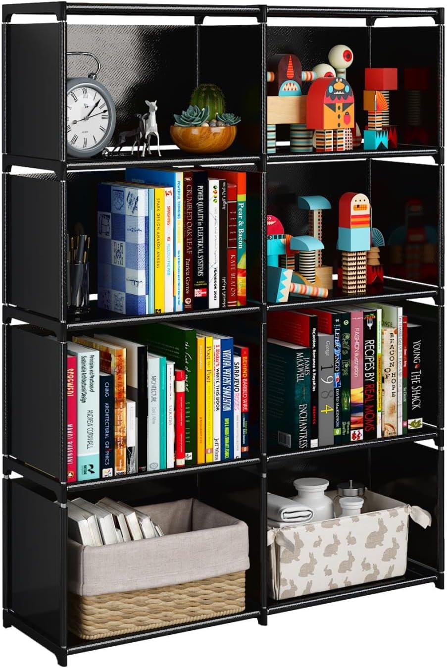 5-Tiers Portable Bookshelf with Fabric Cloth at Back, 8 Cube Closet Storage Organizer Bookcase, Living Room,Study Room,Bedroom, Black