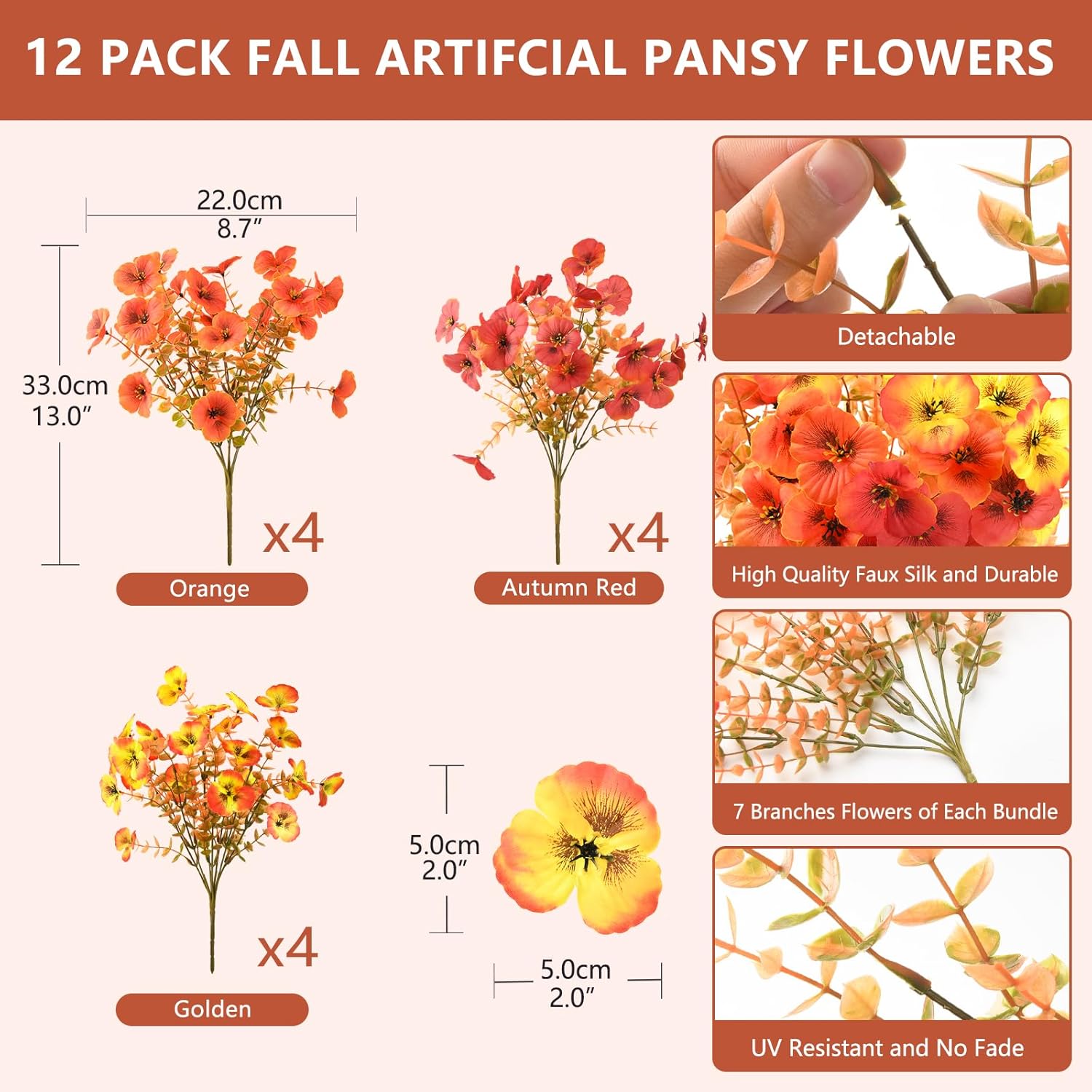 Artificial Fall Flowers for Outdoor, 12 Bundles Faux Pansy Fake Mums Flowers Plants Outdoor Fall Decor, UV Resistant No Fade Silk Flower for Porch Planter Patio Yard Garden(Orange Autumn Sunset Red) - Image 2
