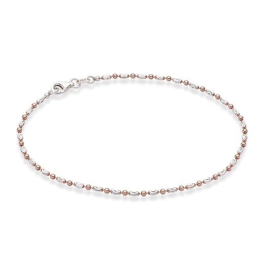 Miabella 925 Sterling Silver Diamond-Cut Oval and Round Bead Ball Chain Anklet Ankle Bracelet for Women, Made in Italy