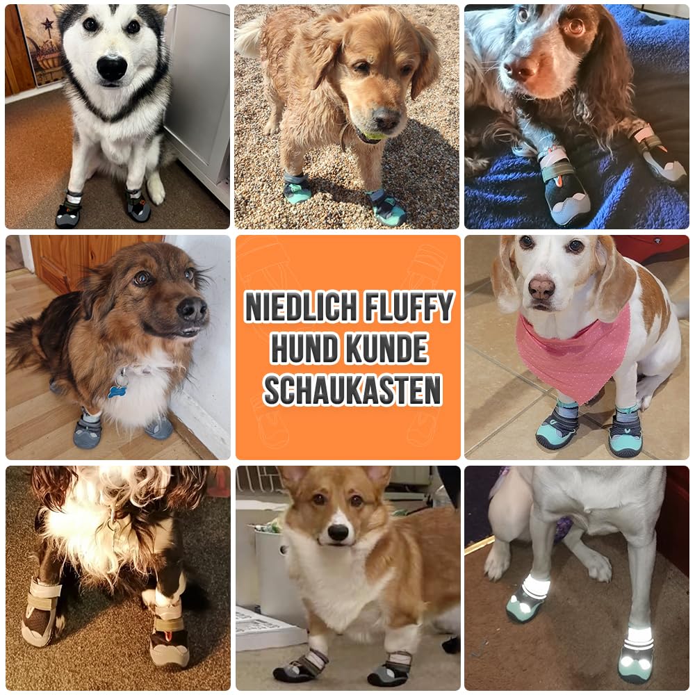 SlowTon Hundeschuhe Pfotenschutz, 4 Stück atmungsaktive Hunde Schuhe Outdoor mit Rutschfester Sohle, verstellbarem reflektierendem Klettverschluss Hundestiefel für kleine, mittlere und große Hunde