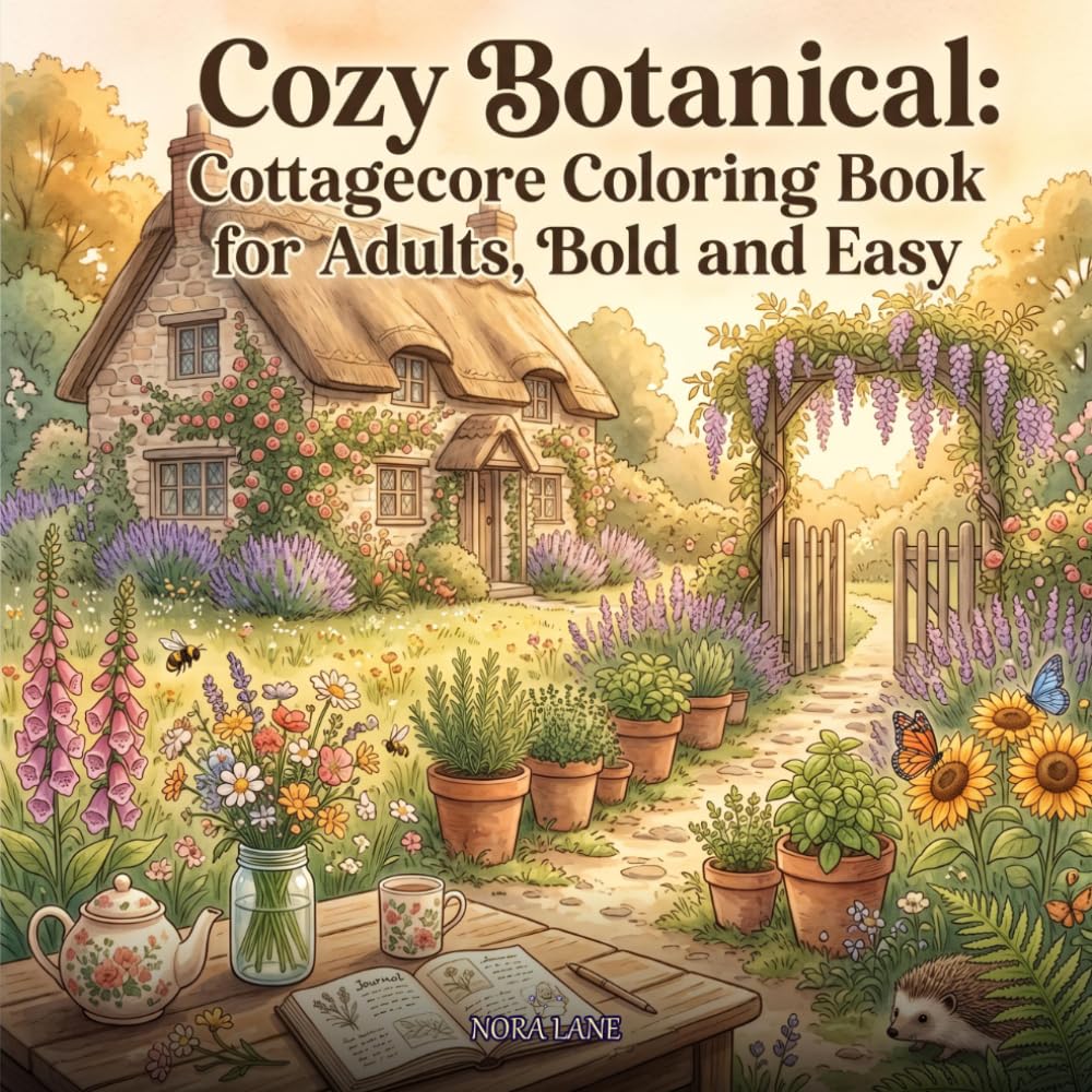 Cozy Botanical: Cottagecore Coloring Book for Adults, Bold and Easy: 53 Simple Cute Designs Featuring Gardens, Wildflowers, Mushrooms, Herb Nooks and Woodland Cottages for Relaxation
