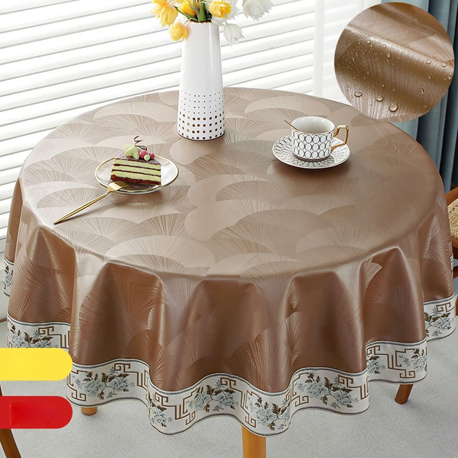 Mantel Protector Mesa Redondo Patrón de Luna y Bordados Mantel Mesa Balcon Redondo 220CM,Mantel Comedor PU Café