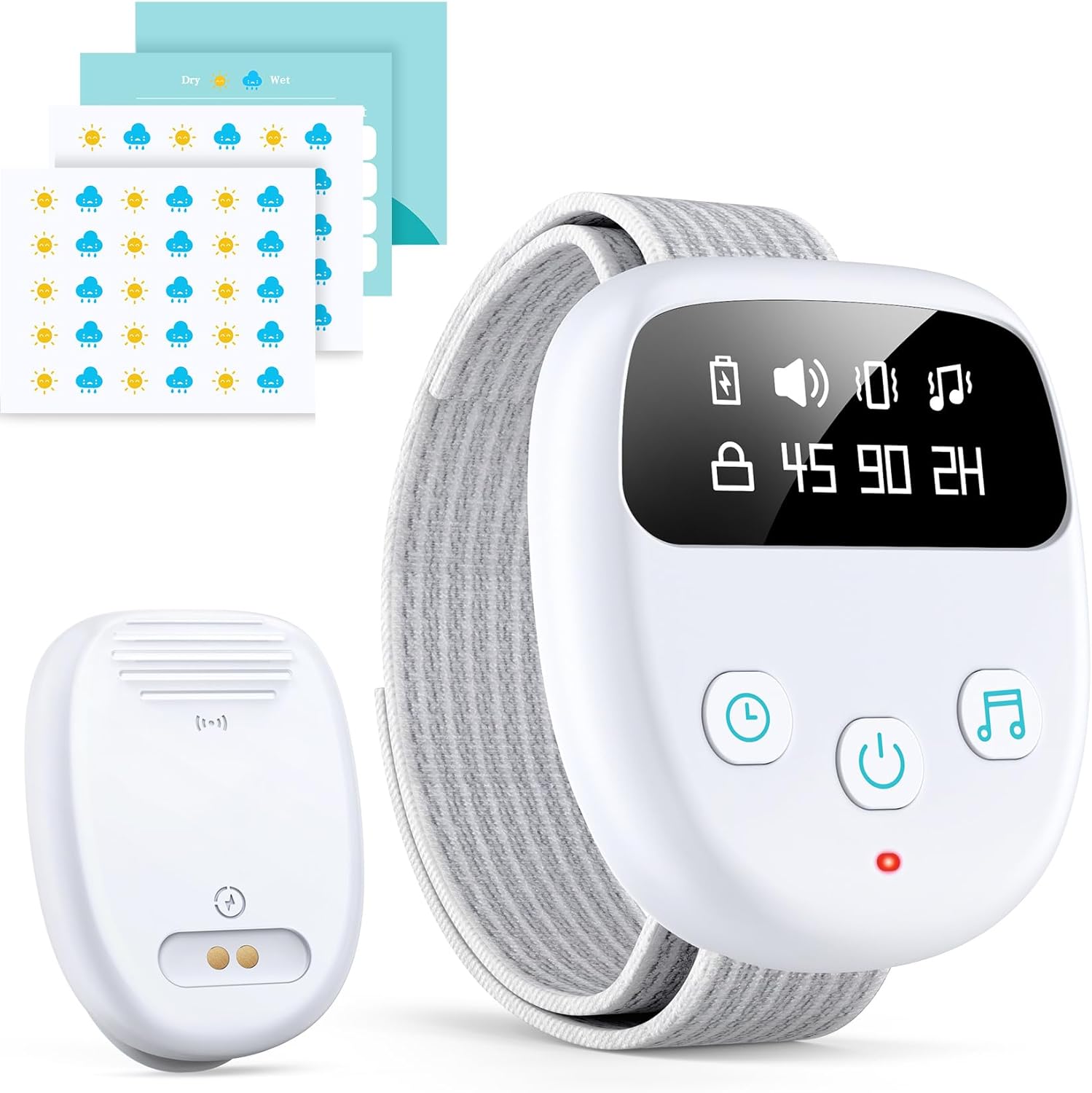 Wireless Bedwetting Alarm for Kids, Rechargeable Waterproof Sensor & Wristband, Rechargeable with 3 Modes & Timer, Highly Sensitive Bed Wetting Alarm, Grey