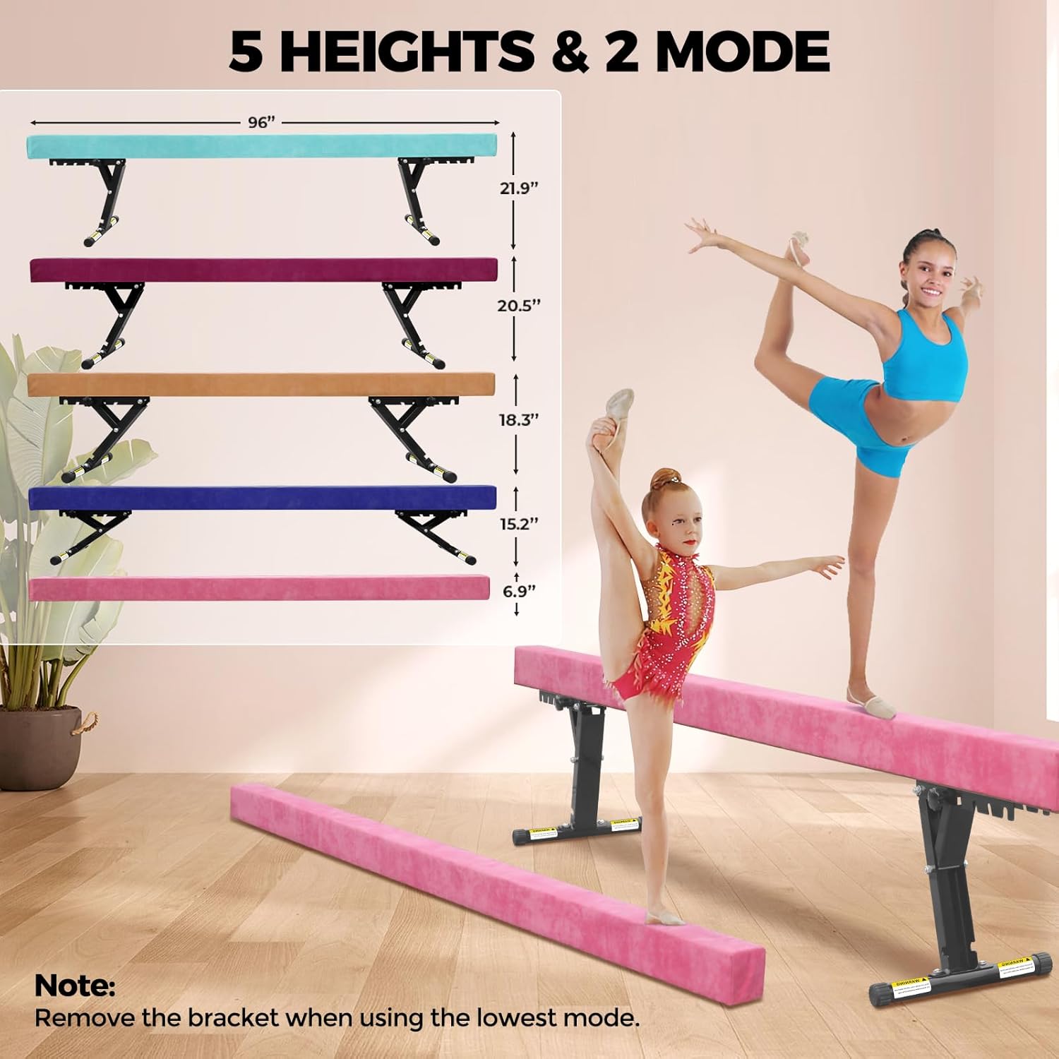 Balance Beam Adjustable 8ft, High and Lower Floor Beam Gymnastics Equipment for Kids Children, Gymnastics Beam with Legs for Home, Professional Training, Gymnastic Club Use Pink
