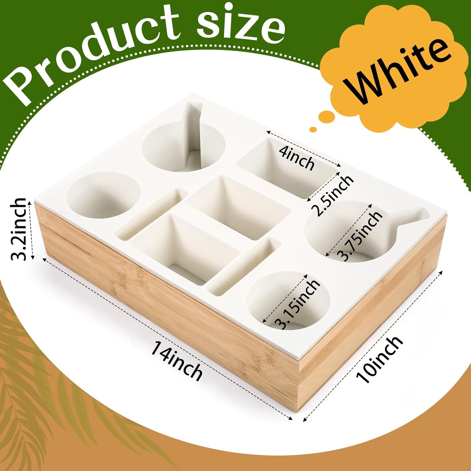 Yerliker Couch Cup Holder Tray, Silicone Lining Couch Caddy Waterproof Anti-spill Sofa Cup Holder for Bed Car Seat Organizer, Hold Mugs, Drinks, Snacks, Phones, Remotes(Rectangle,White,Bamboo)