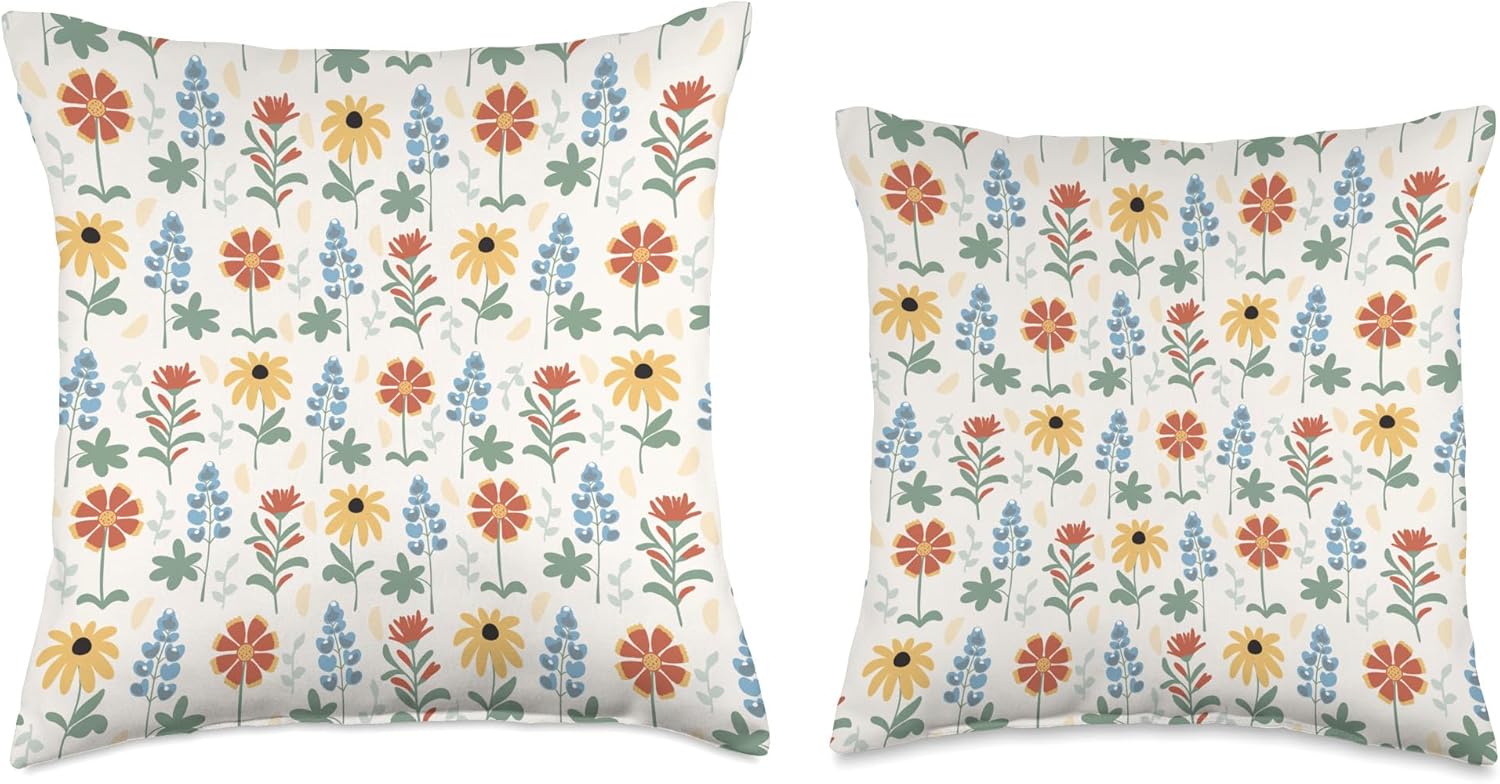 Texas Wildflowers with Bluebonnets Pattern Throw Pillow