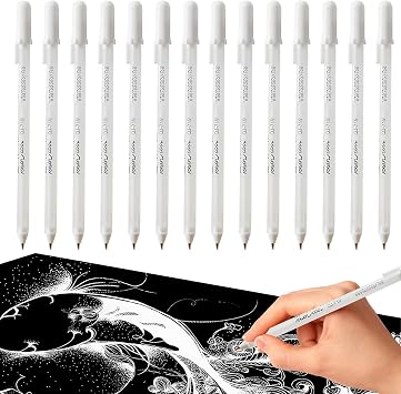VEGCOO 14 Pcs White Gel Pens, 0.8 mm Fine Point Gel Pen White Highlight Pens for Artists with 0.8 mm Nibs, Fine Point Rollerball Pen for Black Paper, Sketching, Drawing, Illustration, Taking Notes