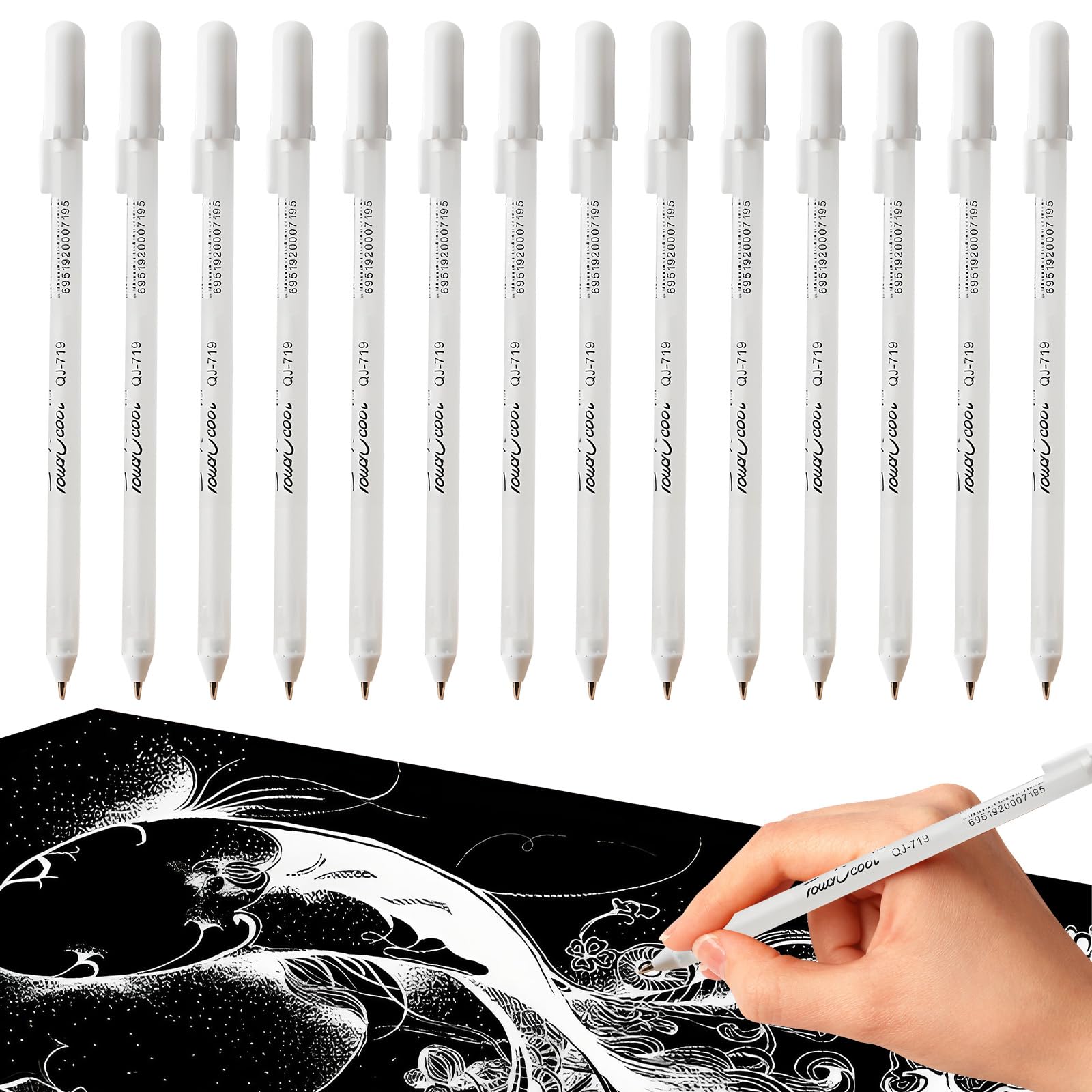 VEGCOO 14 Pcs White Gel Pens, 0.8 mm Fine Point Gel Pen White Highlight Pens for Artists with 0.8 mm Nibs, Fine Point Rollerball Pen for Black Paper, Sketching, Drawing, Illustration, Taking Notes