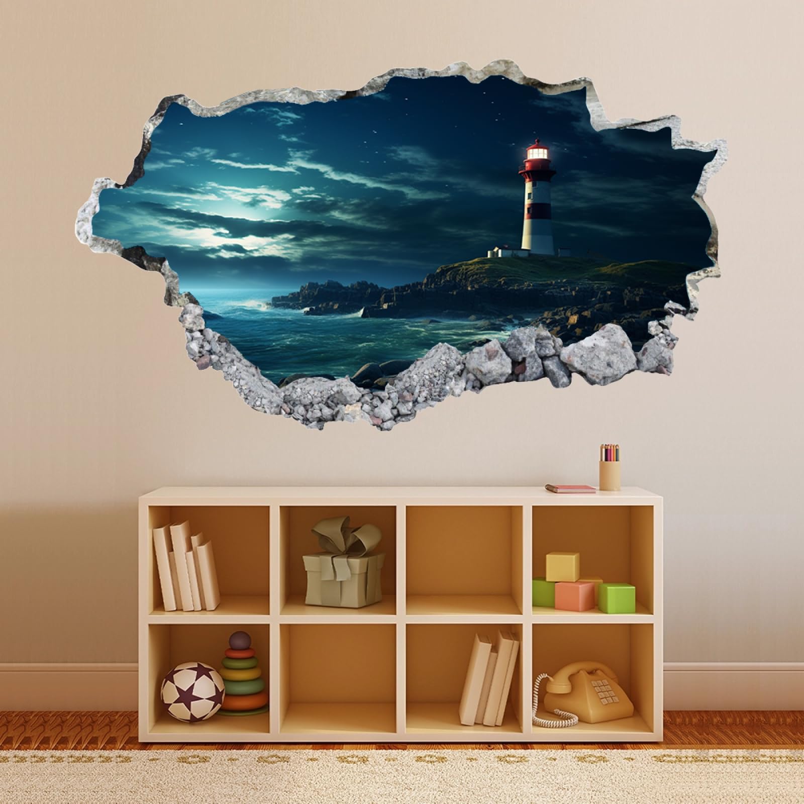 Vinilos Decorativos 3D Rotos Vista Nocturna Del Faro Tatuaje de pared vinilo extraíble decoración del hogar Calcomanías impermeables para Guardería Habitación Decoración de pared 70x122cm