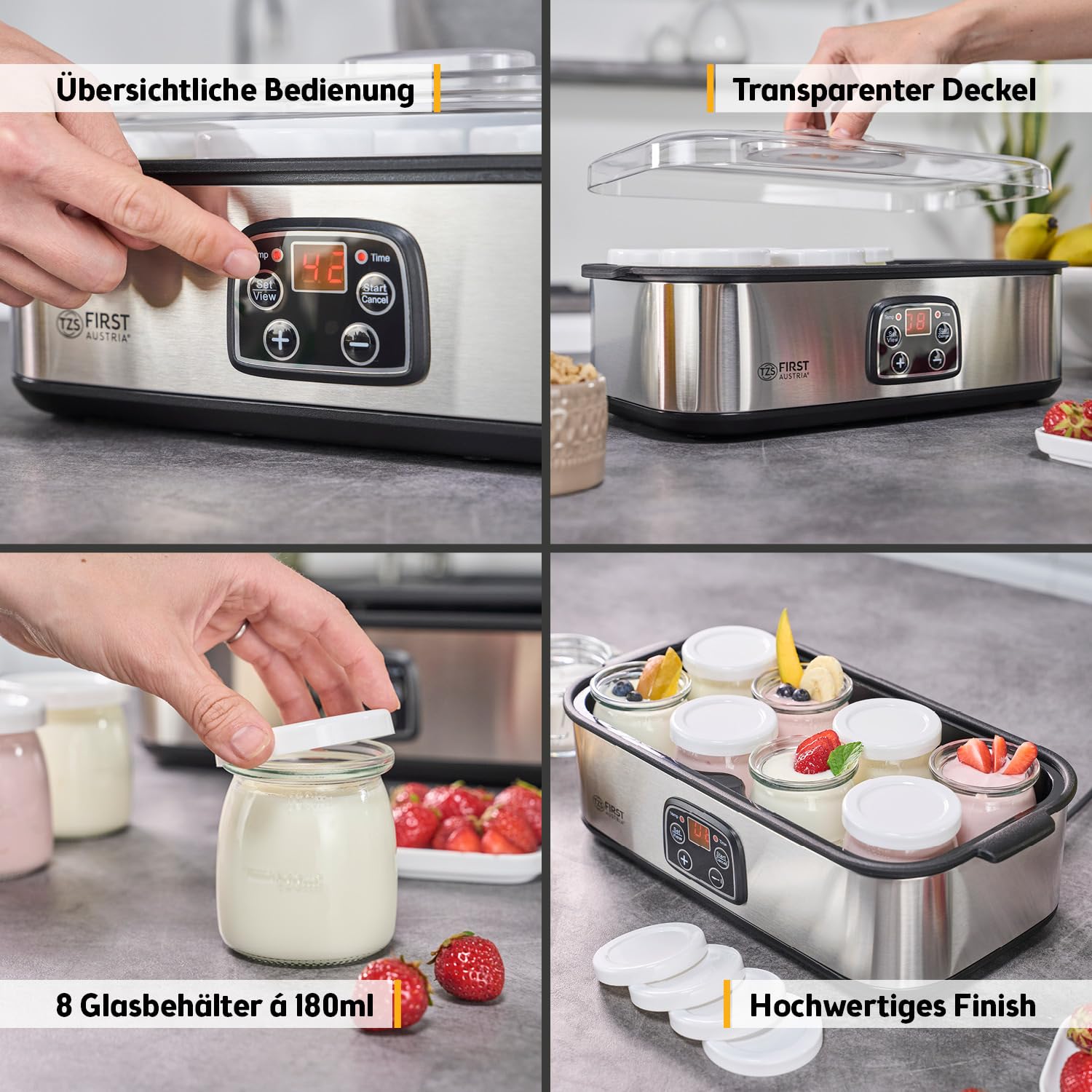 TZS First Austria - Joghurtbereiter 25W inkl. 8 Glasbehälter à 180 ml für bis 1,4L selbstgemachten Joghurt - Yogurt Maker mit Temperatur 20-55°C, Abschaltautomatik & LCD-Display - Joghurtmaschine weiß