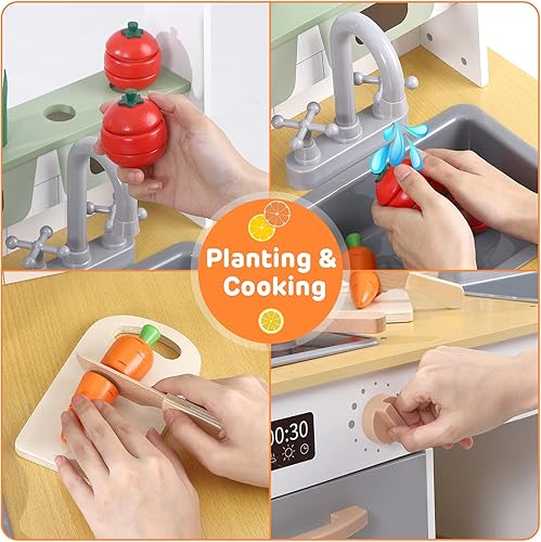 Miniatura 4 de Garveelife Juego de cocina de madera para niños, perfecto para jugar con luces y sonidos reales y accesorios de utensilios de cocina y cortar