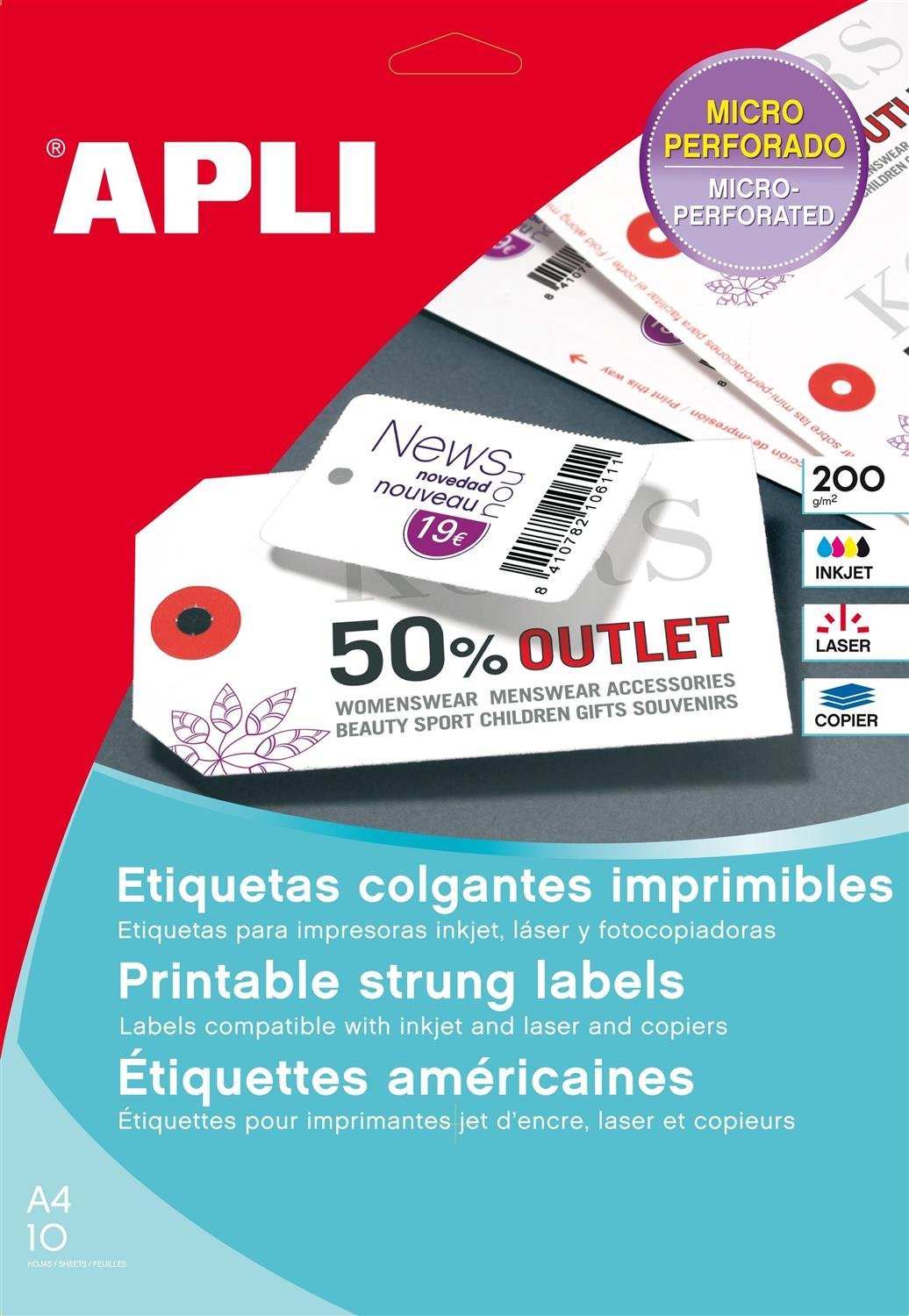 APLI 10149 - Etiquetas colgantes imprimibles 98 x 57 mm, 10 hojas