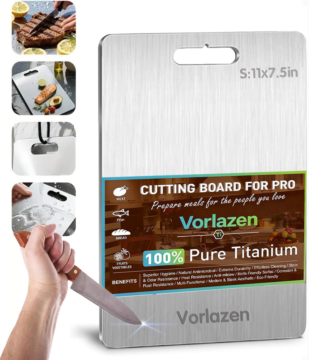 Titanium Cutting Board 100% Pure Titanium Cutting Board, 1.5MM Thickness Double Sided Non Toxic Kitchen Chopping Board with Handle Hole, Hygiene Durable & Dishwasher Safe 11"×7.5" (S)