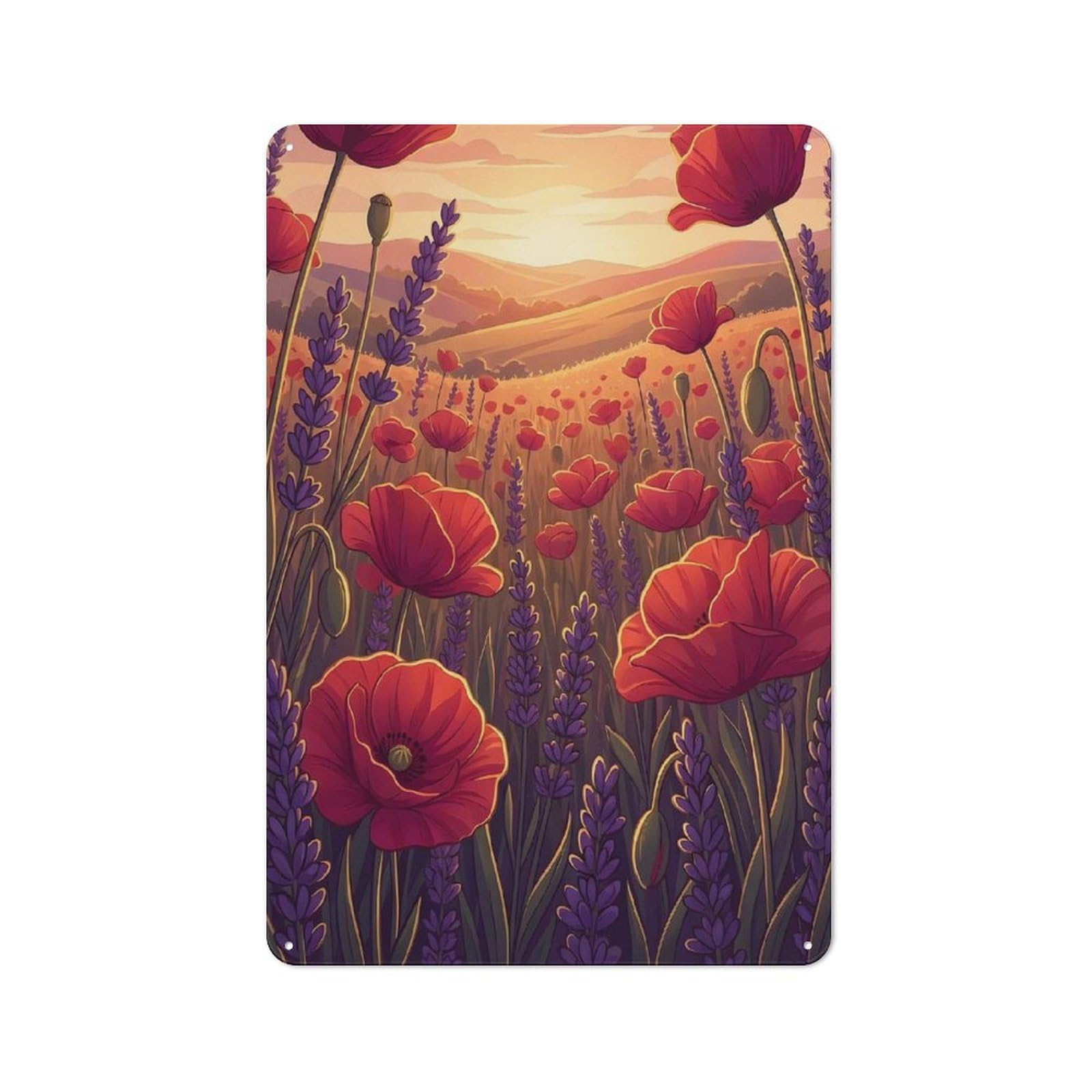 Junmoney Style-2 For Kitchen Or Home Bar, Poppy And Lavender Field At Sunset Rustic Metal Wall Sign 30X20cm, For Winter Room Styling In Kitchen And Home Bar