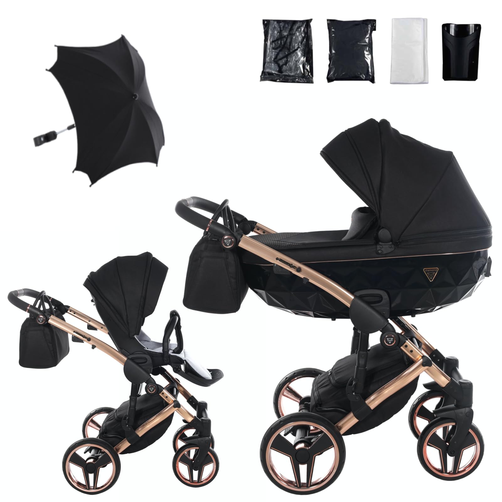 Junama Poussette Diamond S 03 Noir et Cuivré 2en1 3en1 4en1 avec ombrelle pare-soleil (2 en 1)