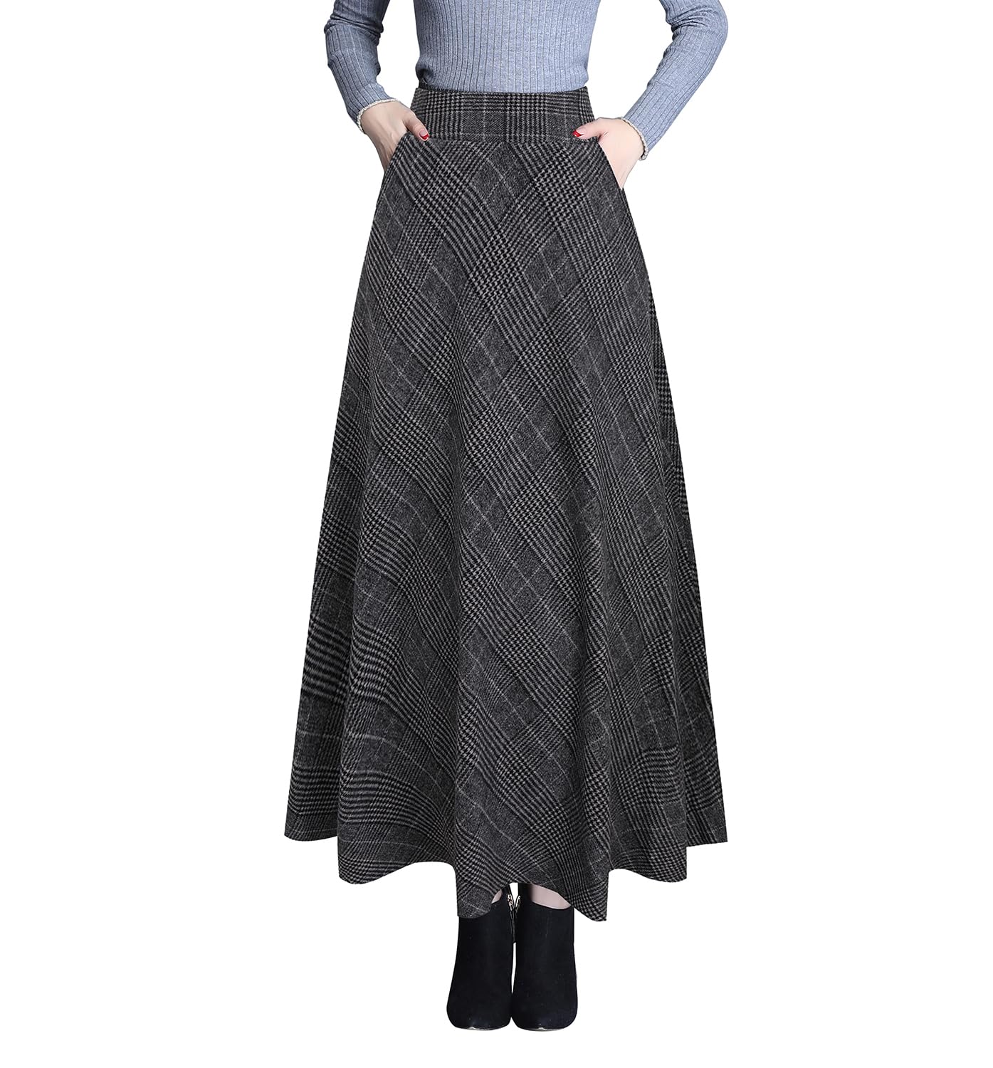 Rock Damen Lang Winter Kariert Wollrock A-Linie Maxirock
