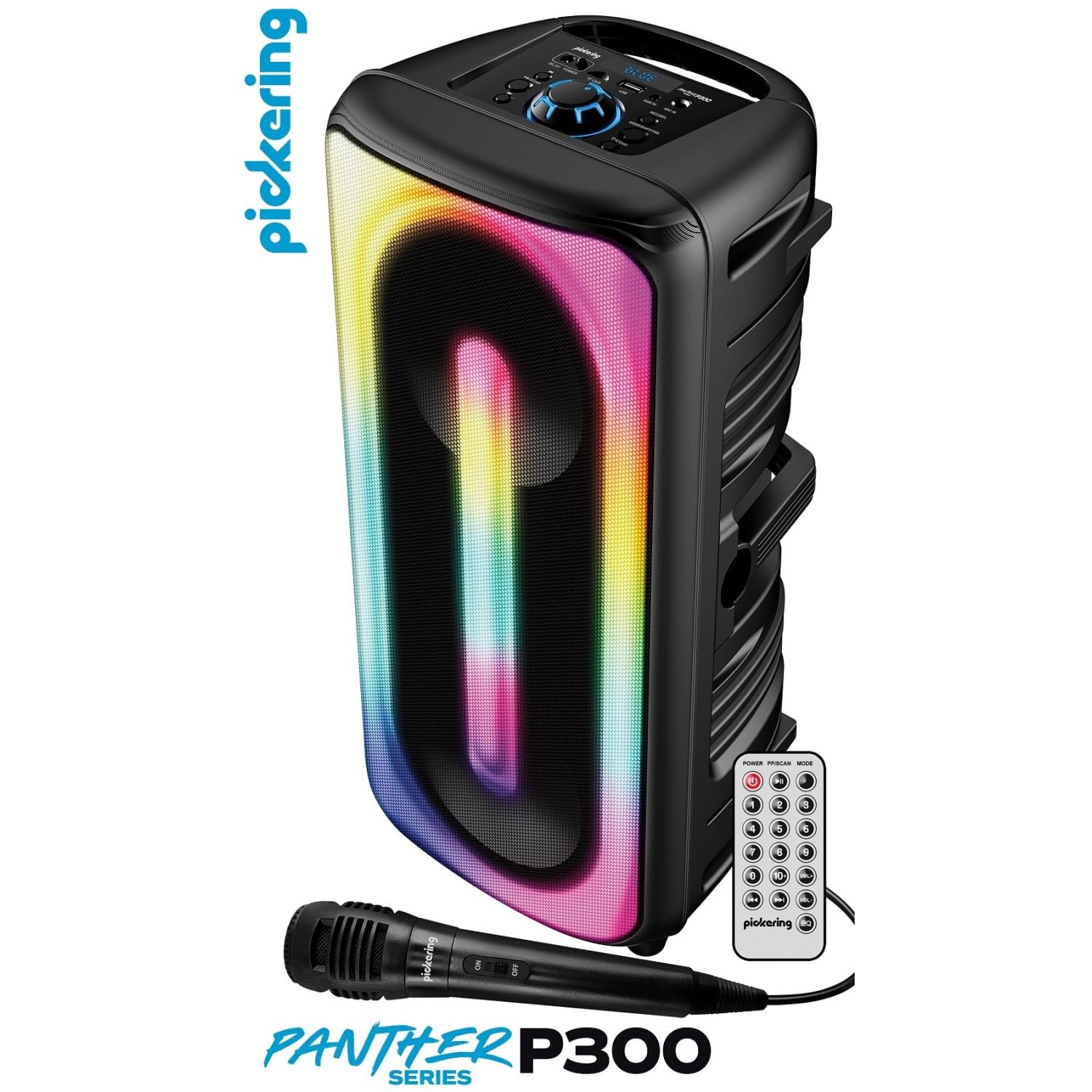 Pickering Enceinte Sono DJ Autonome 300W Bluetooth 5.0 Amplifiée TWS Rechargeable LED Microphone USB MicroSD Noir, Jeux OVNI LED