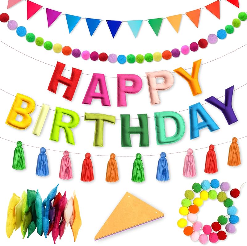 4 pancartas de feliz cumpleaños preencordadas – guirnalda de fieltro de feliz cumpleaños, guirnalda de bolas, banderín de fieltro, borla de hilo colorido, decoraciones de fiesta de arcoíris para mujeres, hombres y niños