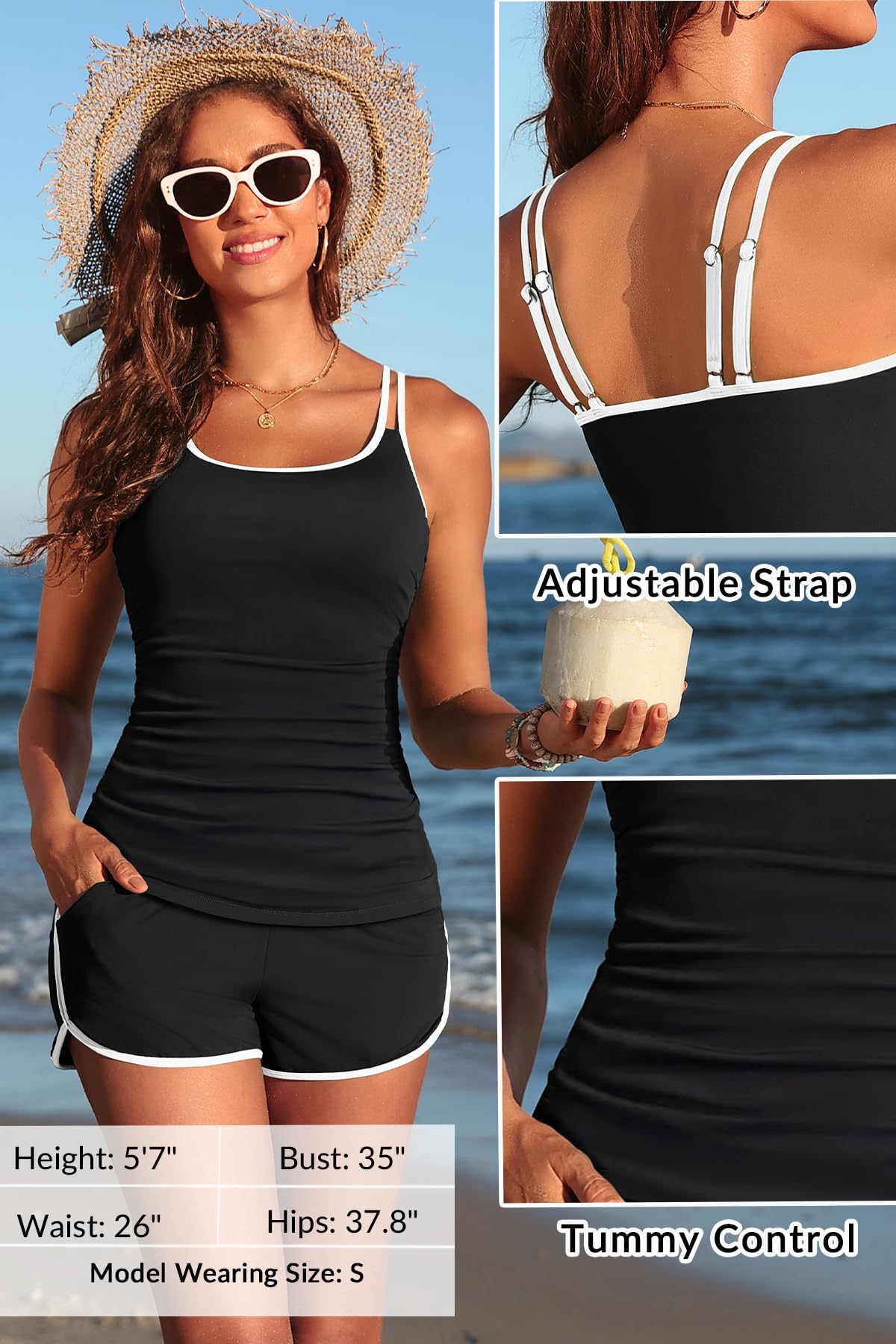 Badeanzug für Damen, Tankini mit Shorts, Zweiteiliger Badeanzug mit Bauchkontrolle mit Taschen 2025