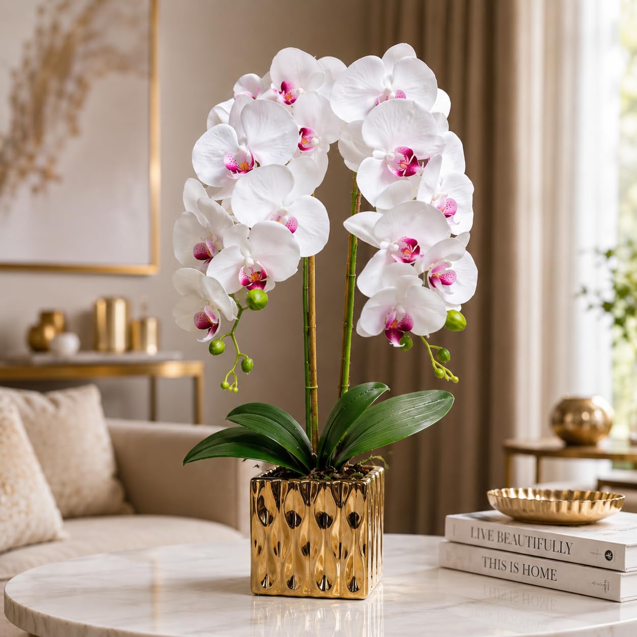 PASCH® Orchidées artificielles - Fleurs artificielles en pot - Fleurs artificielles semblables à de vraies - Orchidées artificielles en pot - Fleurs artificielles en pot (blanc/doré (65 cm)