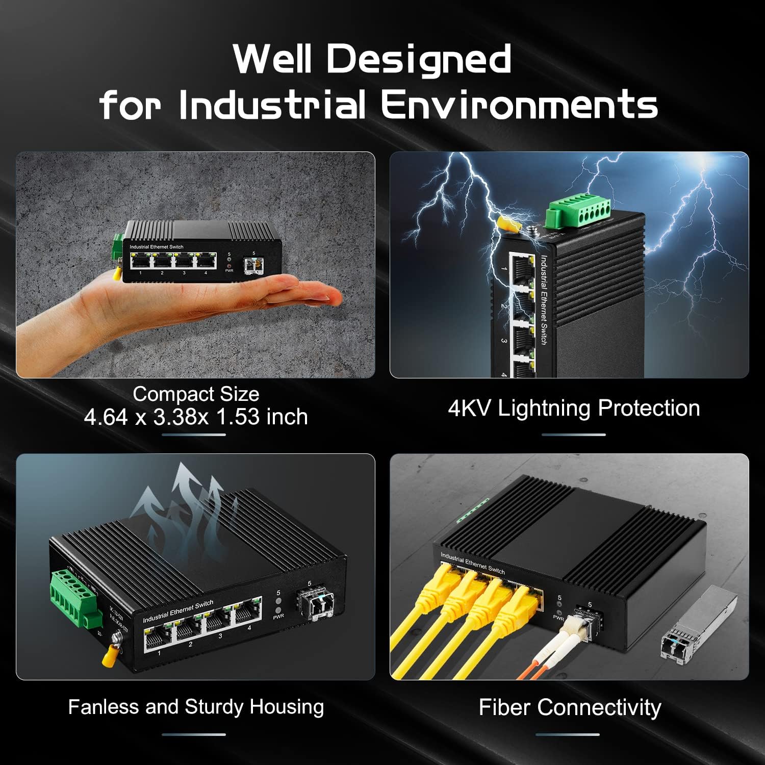 5 Port Gigabit PoE Industrial Switch, IEEE802.3af/at Ethernet, 1 SFP Port with 20km LC Module, IP40 Aluminum Alloy -40~75°C(-40~185°F), Din Rail and Wall Mount Kit, with 60W Power Supply
