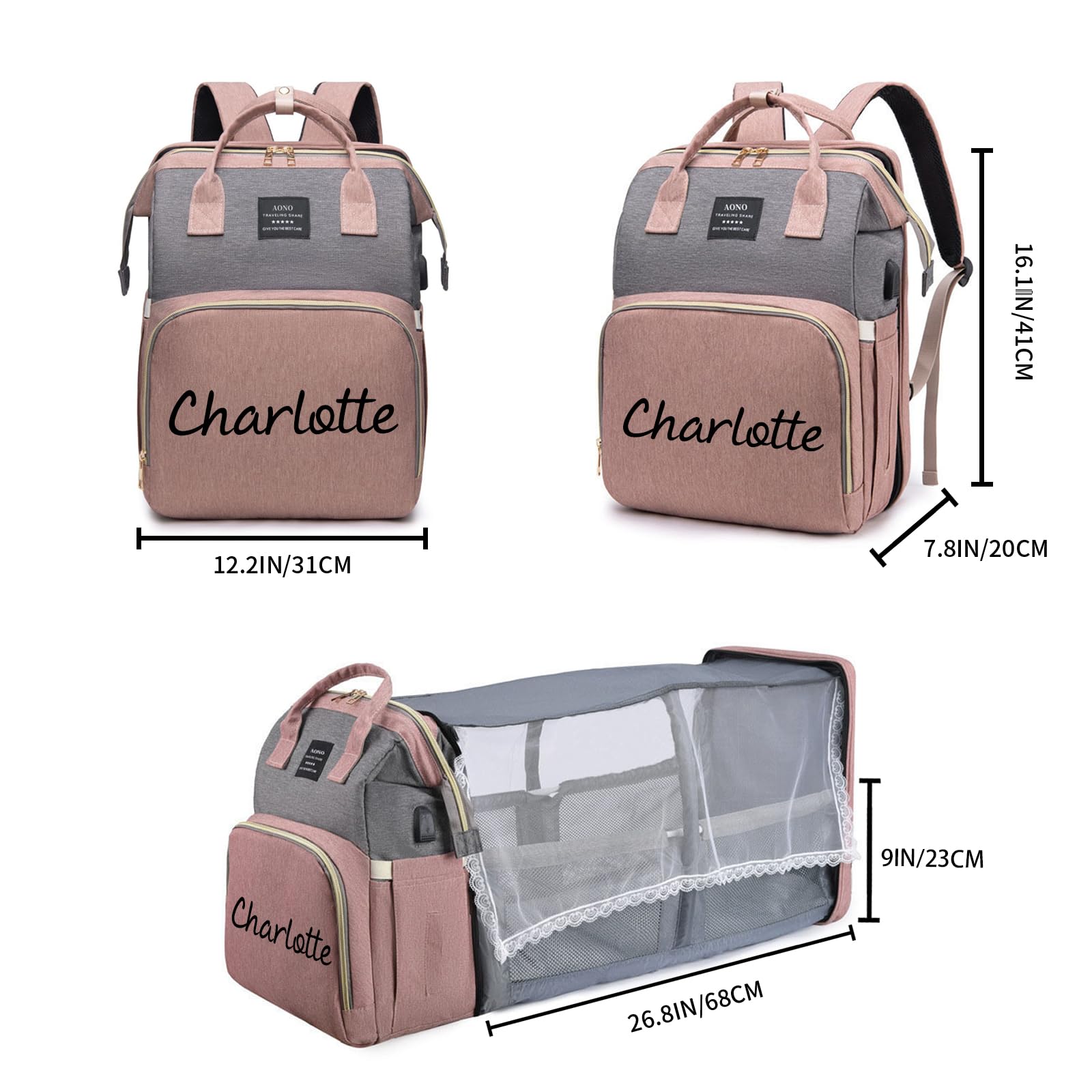 Personalisierte Wickelrucksäcke mit Wickelstation, großer Wickelrucksack mit Sonnenschutz und Spielzeugstange, Kinderwagenriemen und isolierten Flaschenfächern Babyparty-Suche, Geschenk zur Babyshower