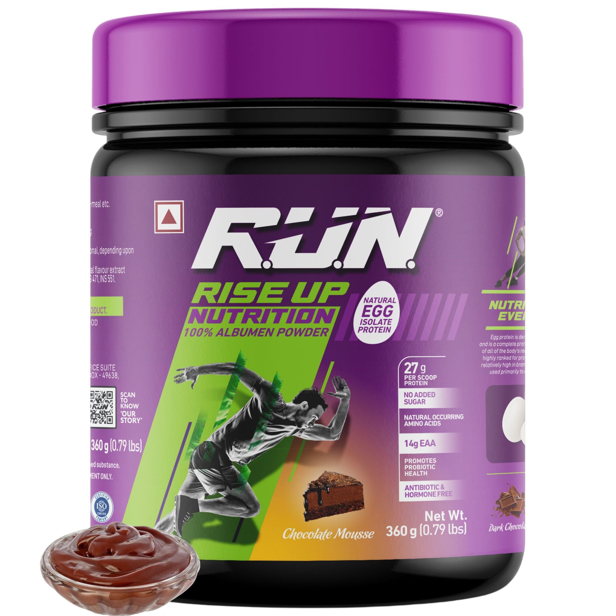 RUN Rise Up Nutrition Natural Egg White Protein,100% Albumen Powder, 27g Protein, 14g EAA, Lactose Free, Soy Free, Gluten Free, 0.79 lbs/360 gm (Chocolate Mousse)