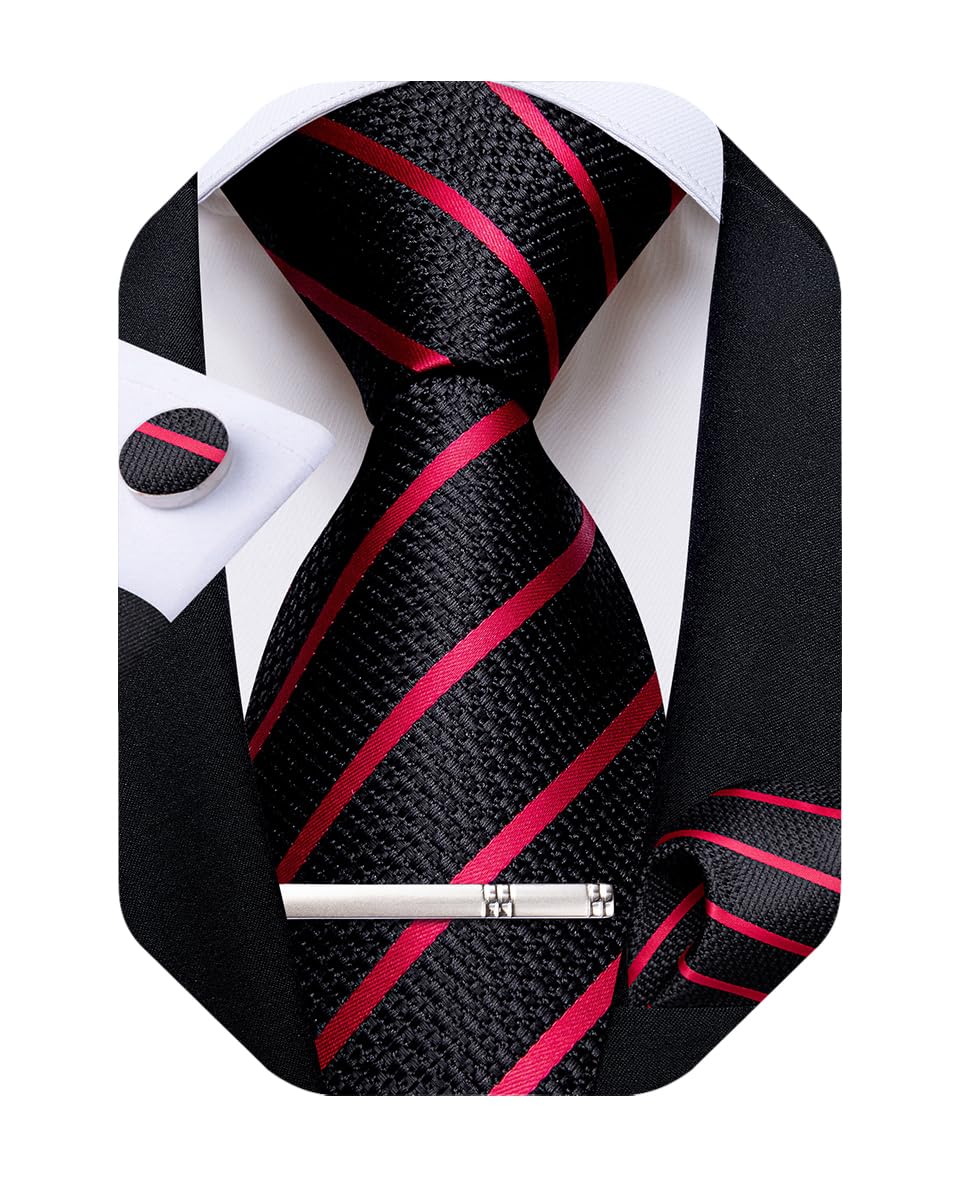 DiBanGu Mens Striped Tie Silk Woven Necktie and Pocket Square Cufflinks Tie Clip Set Wedding Business Formal Gift Tie for Men