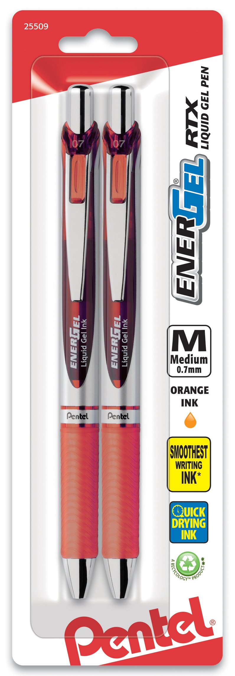 Pentel EnerGel RTX Retractable Liquid Gel Pen, Medium Line, Metal Tip, Orange Ink, 2-Pack (BL77BP2F)