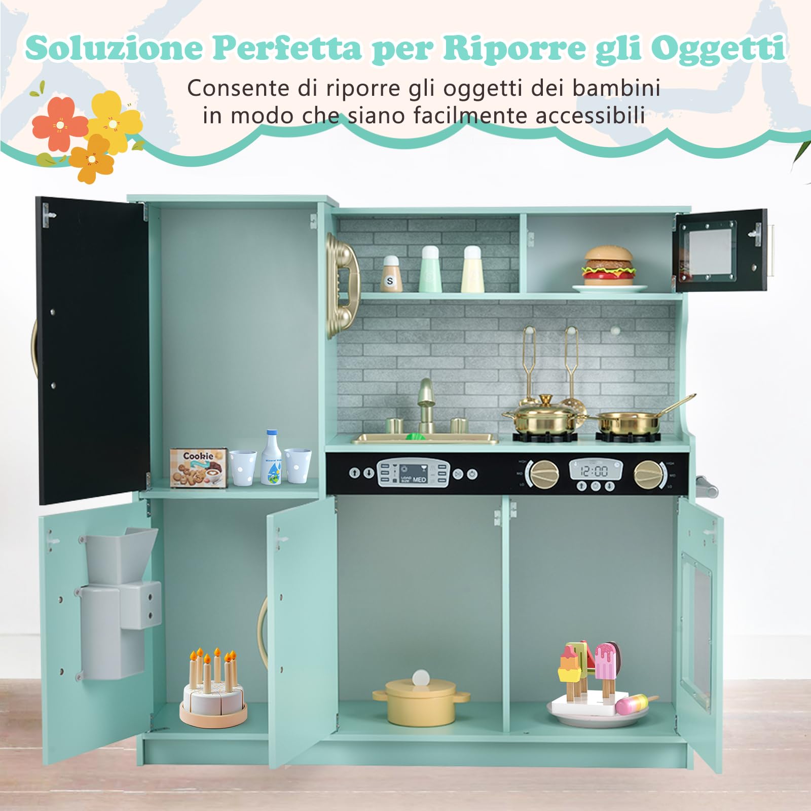 RELAX4LIFE Cucina Giocattolo per Bambini, Gioco Cucina in Legno con Frigo con Lavagna, Microonde, Forno, Macchina per il Ghiaccio, Mini Cucina per Bambini 3-6 Anni (Verde, 82 x 24 x 80 cm)