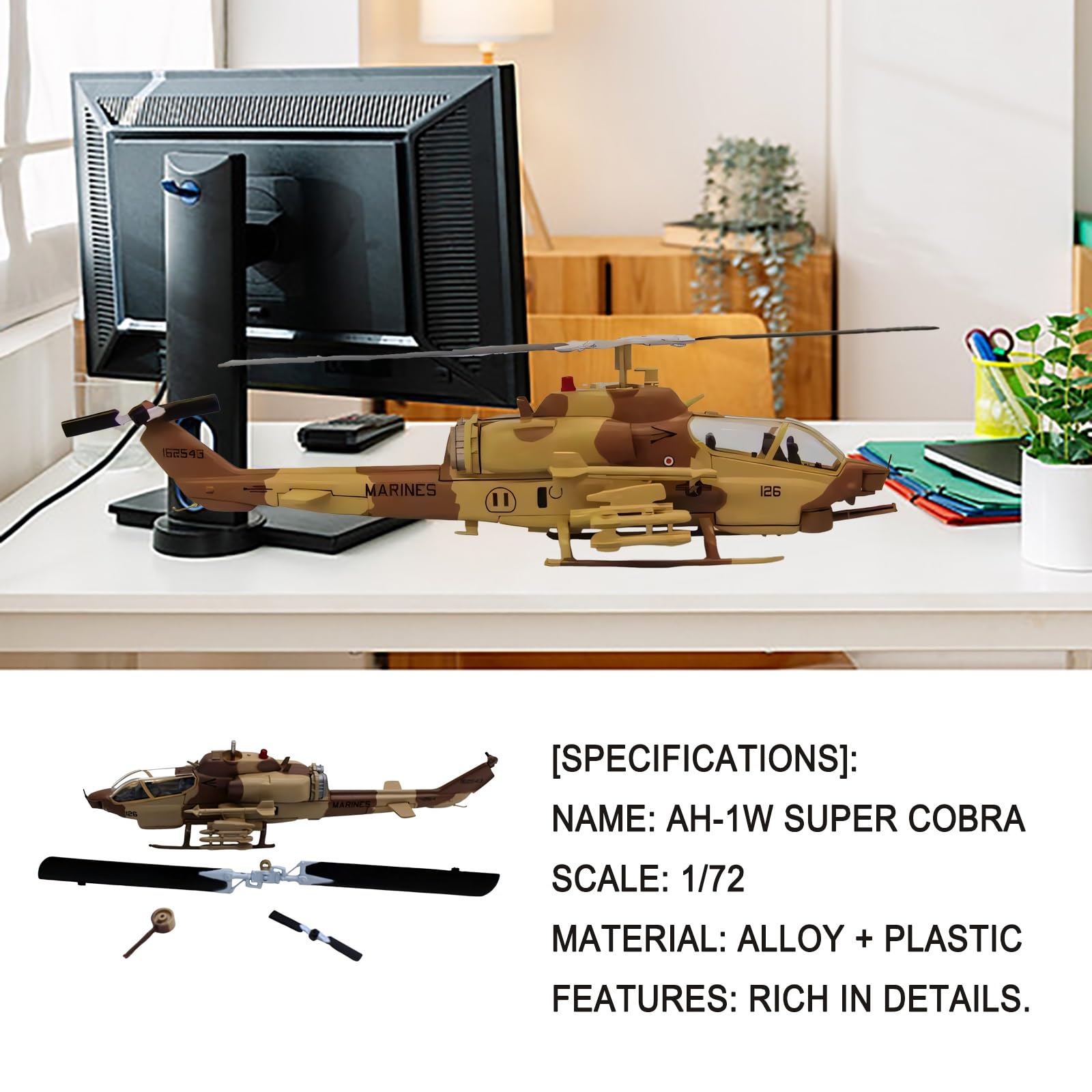 Scala 1/72 AH-1W in lega metallo militare pressofuso modello elicottero armato della marina militare replica collezione con finitura premium espositore appassionati aviazione arredamento