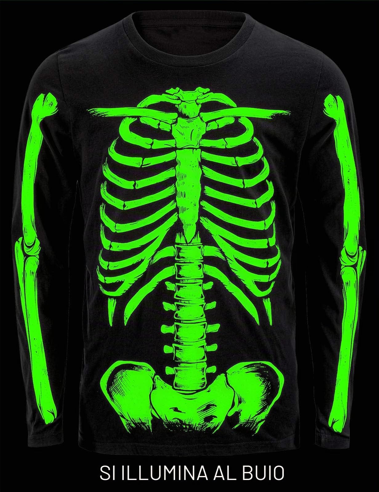 Maglietta Scheletro da Uomo Halloween Il Giorno dei Morti Costume T-Shirt Che Si Illuminano al Buio | T-shirt di Halloween Fosforescente