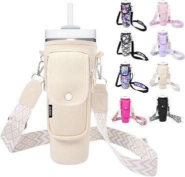 Water Bottle Holder with Strap for Stanley Cup 40/30oz, Insulated Neoprene Stanley Cup Holder with Strap for Tumbler with Handle Stanley Carrier Bag Cross-body Bag for Walking