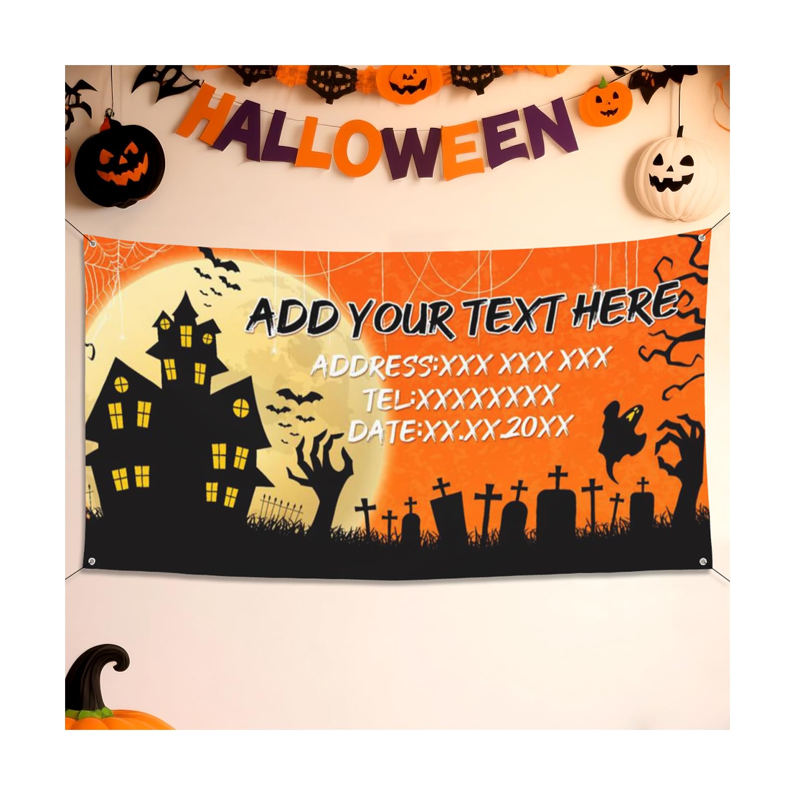 Personalised Halloween Banner Decoration Add Your Own Photo Text Happy Halloween Party Banner Decorations Sign for Front Door Porch Outside Yard Home Party Supplies