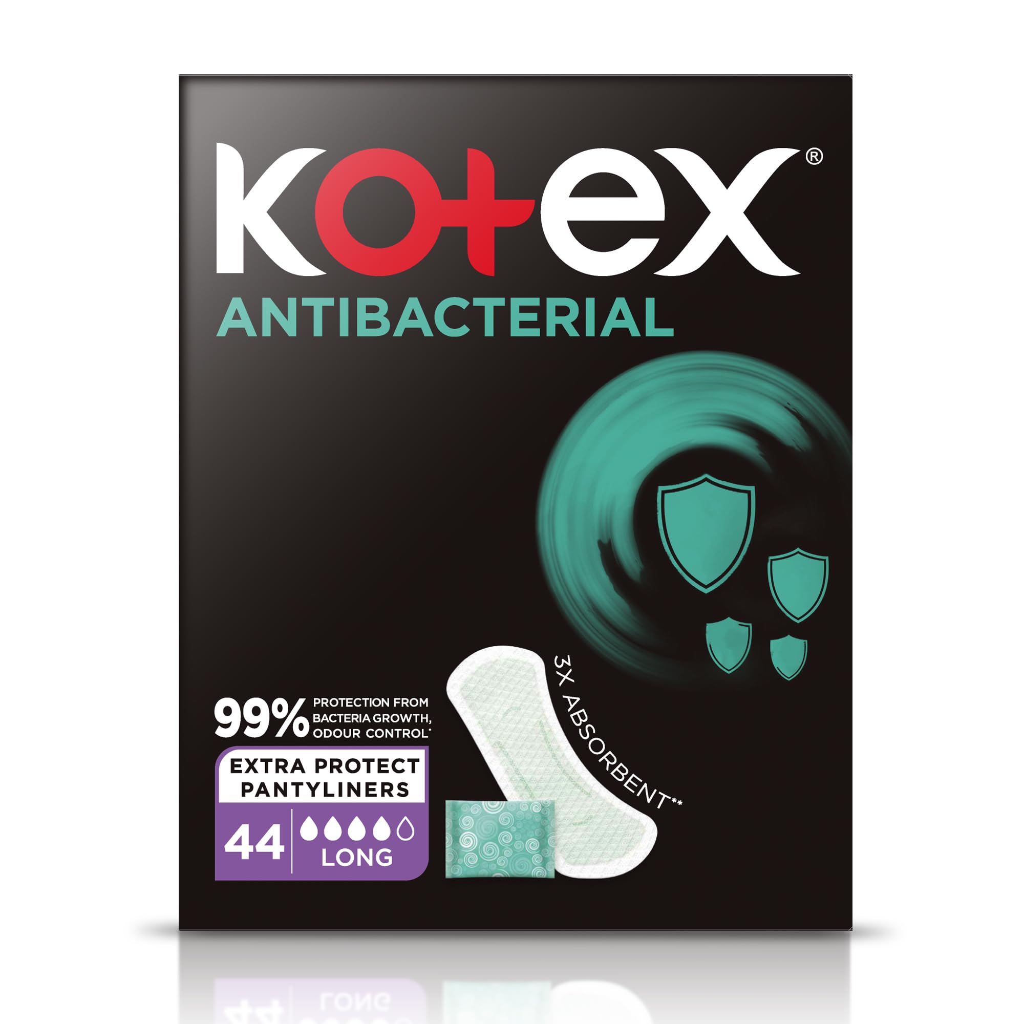 Kotex Long Panty Liners with Antibacterial Protection, 44 Count Value Pack – Thin Breathable Daily Liners for Everyday Freshness, Light Discharge & Extra Coverage