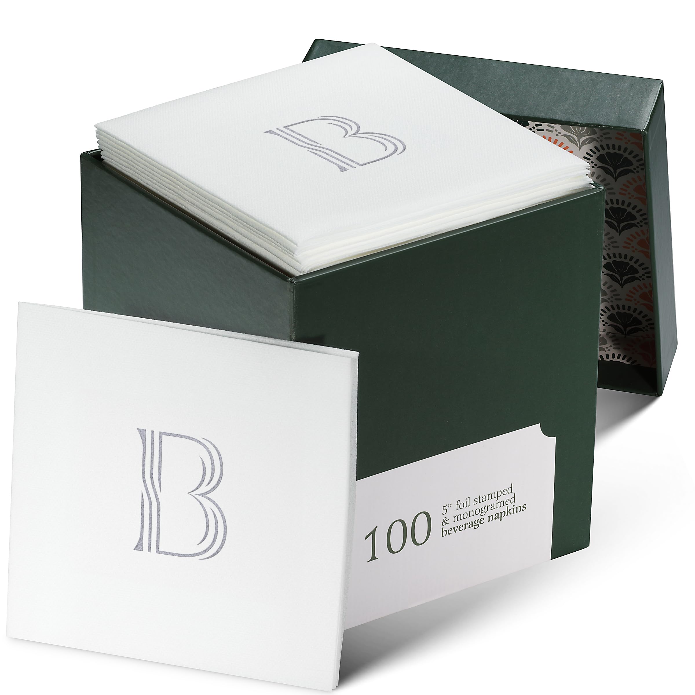 Confezione da 100 tovaglioli usa e getta monogrammati, 12,7 x 12,7 cm, in lamina argentata effetto lino, con lettera B, tovaglioli bianchi per bevande, per matrimoni, feste, bar o vacanze