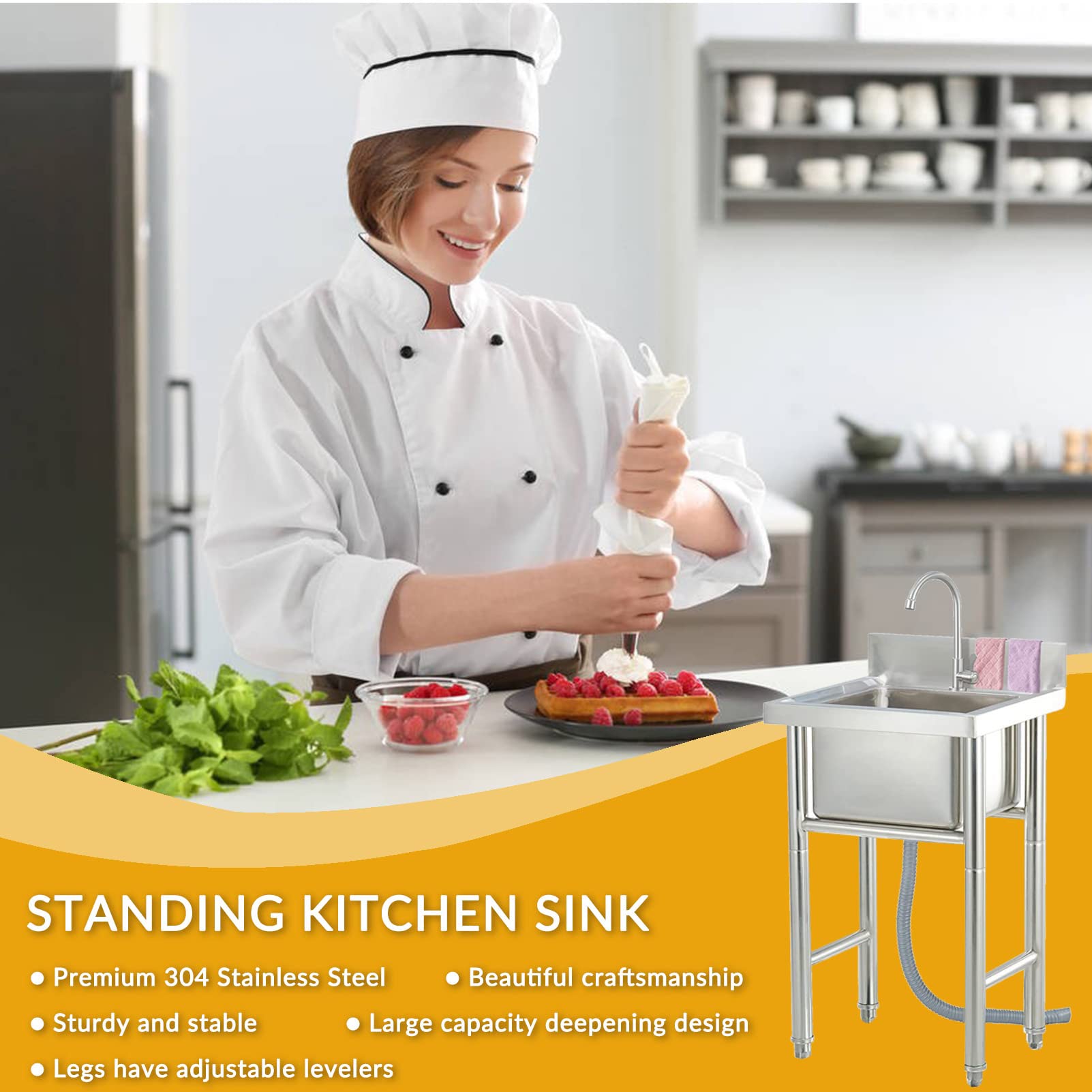 Gewerbe-Spülbecken mit einem Becken aus Edelstahl 304, inklusive Abtropfset, für Bars, Restaurants und mehr.